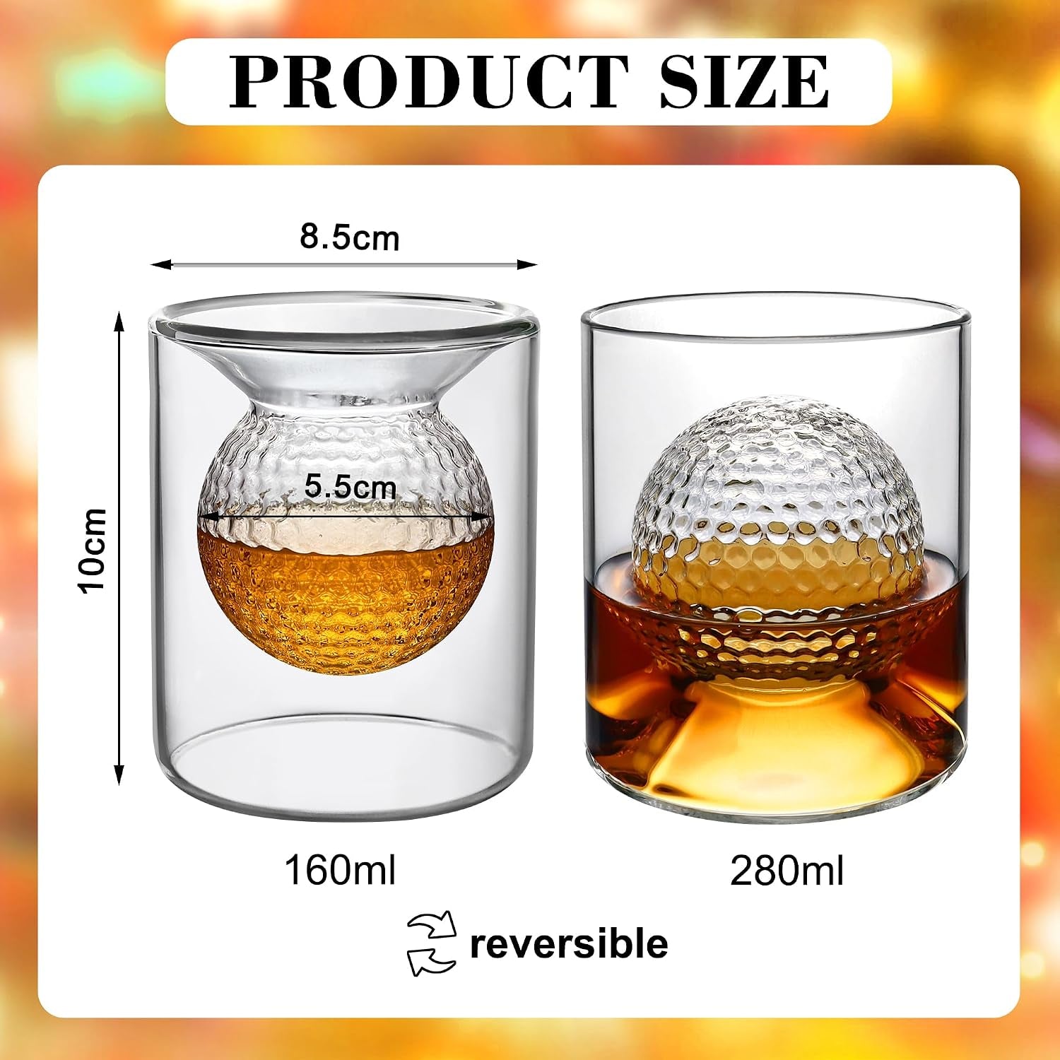 Whisky Glasses, 160Ml/280Ml,  Borosilicate Glass Dual Use Golf Gifts for Men Golf Ball Whiskey Glasses Perfect for Home Bar Party